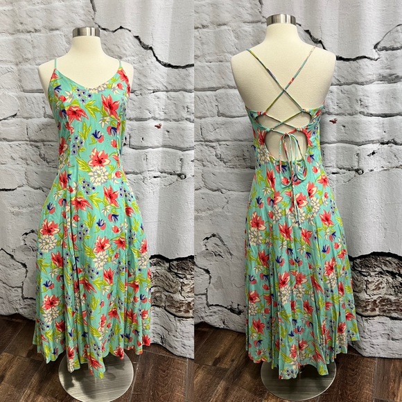 Betsey Johnson Dresses & Skirts - 1990s Betsey Johnson Vintage Turquoise Floral Lace Up Back MIDI Dress Fit Flare